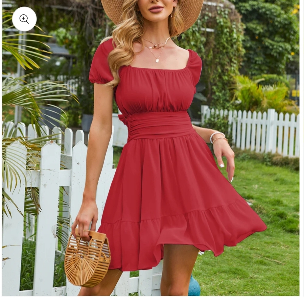 EXLURA NWTS L Square Neck Short Puff Sleeve A Line Sundress Short Mini Dr